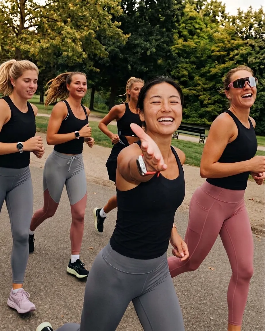 Groupe de coureuses souriantes lors d'une sortie running dans un parc